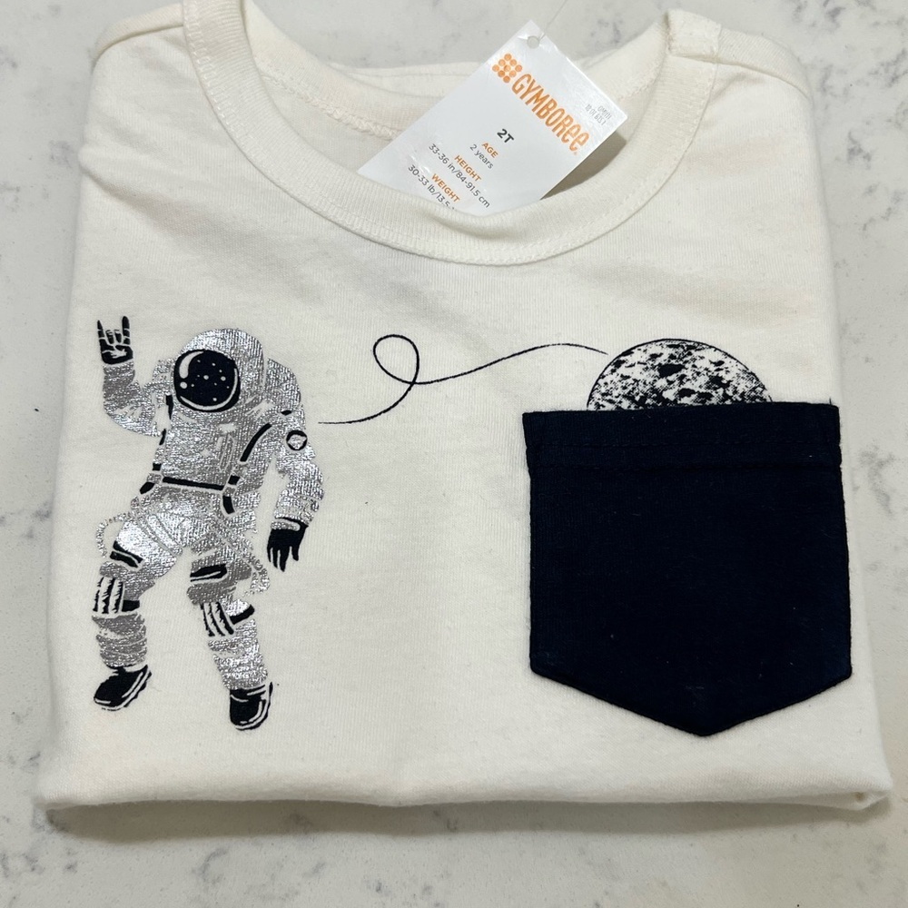 Gymboree White Tee with Astronaut and Black Pocket